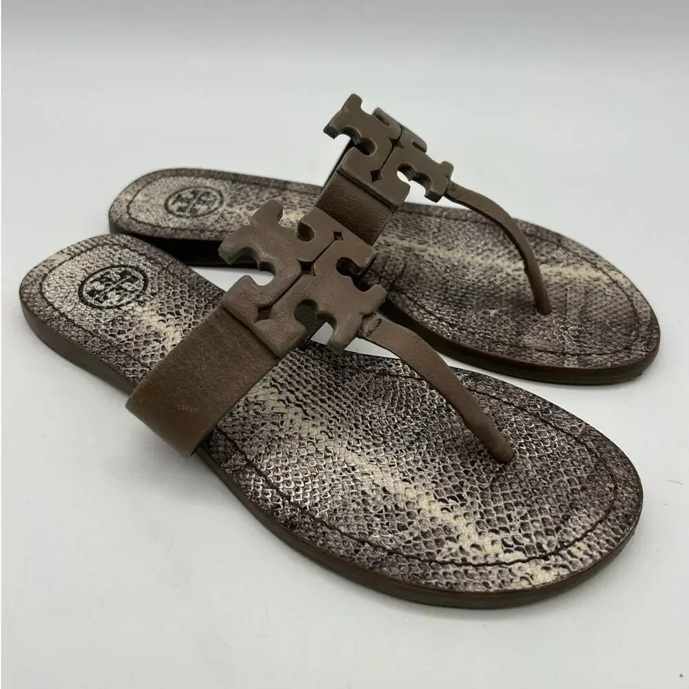 Tory Burch Miller Embossed Leather Snake Print Thong Sandal Logo Size 6 Designer